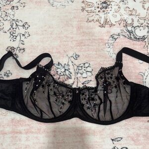 Sheer Black Embroidered Underwire Bra with Star Accent